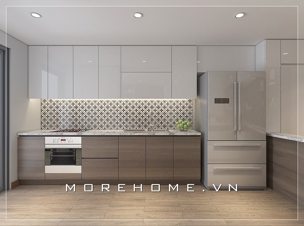 Mẫu tủ bếp gỗ công nghiệp màu nâu - trắng cho phòng bếp hiện đại Thiết kế và sản xuất tủ bếp đẹp